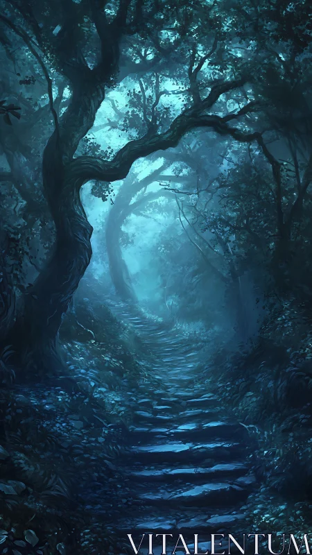 Stone path ascending through dense blue-tinted forest.