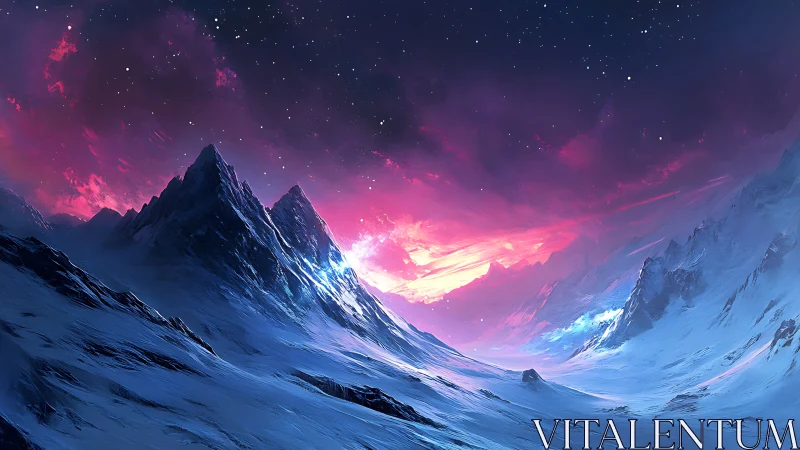 Snowbound peaks sip starlight beneath a burning nebula sky