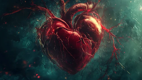 Anatomical heart with arterial branching rendered in dimensional form.