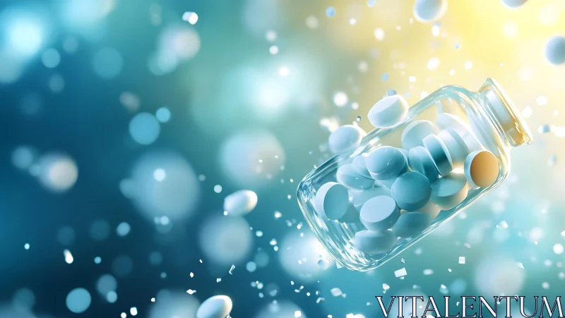Glass bottle with white tablets floating in bright, dreamy light.