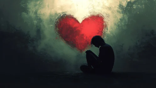 Shadowed soul beneath a burning red heart of quiet ache.