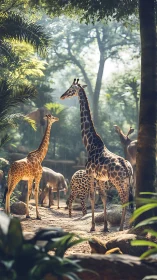 Sunlit giraffe family enjoys a peaceful forest clearing