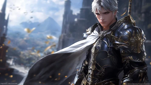 Silver haired knight in ornate armor before distant citadel.