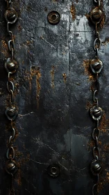 Weathered iron door with heavy rusted chains.