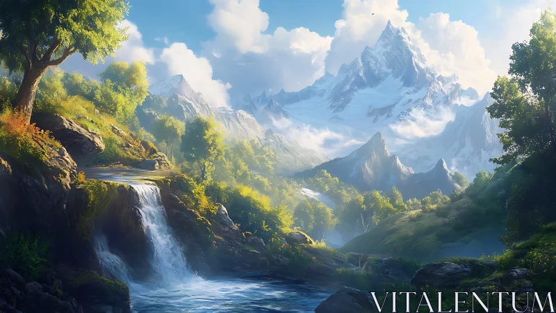 Sun-kissed cascade beneath a sky-piercing crystal peak.