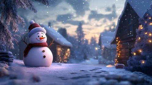 Cheerful snowman greeting a cozy winter cabin evening.