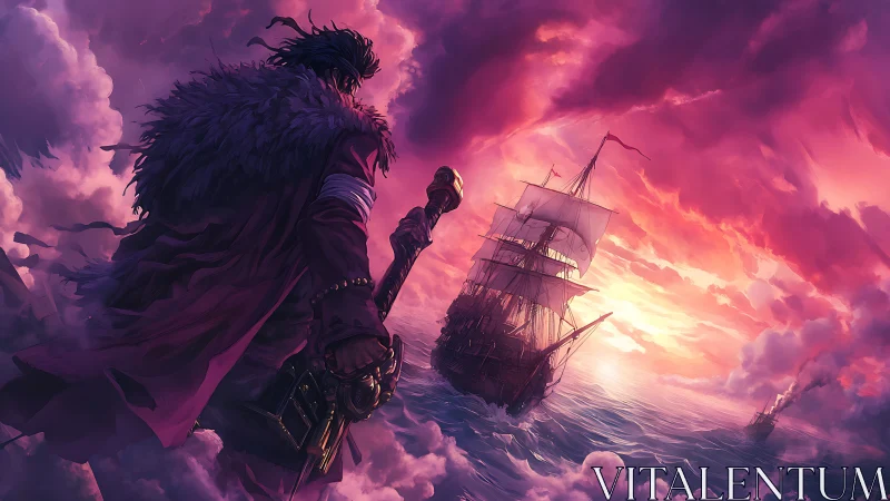 Storm-kissed sky guiding a lone pirate toward glowing seas.