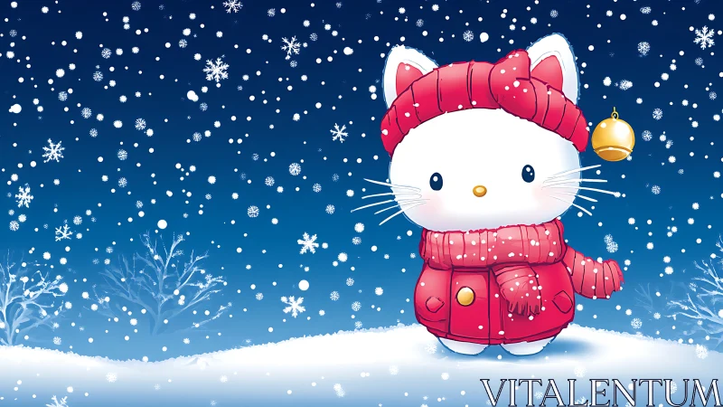 Cartoon winter cat stands in snowfall wearing red clothes