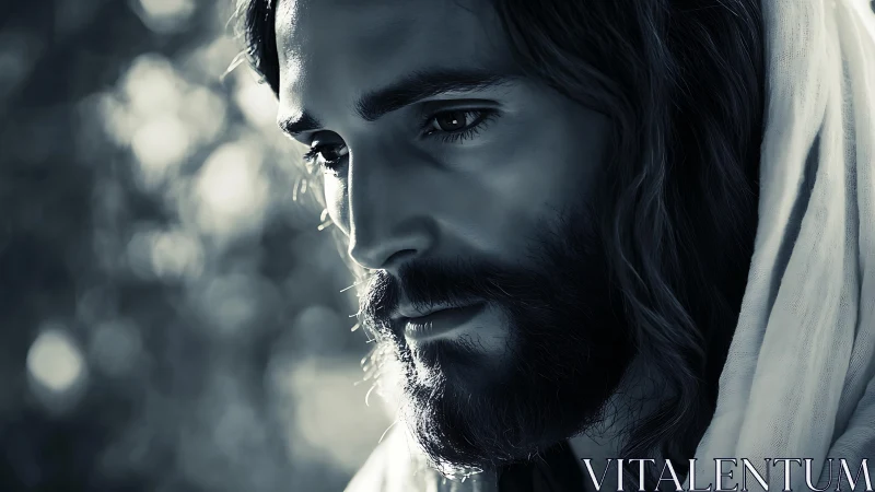 Bearded man in robe rendered in close-up contemplative profile