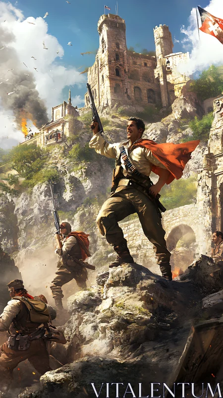 Revolutionary soldiers storm burning cliffside fortress stronghold.