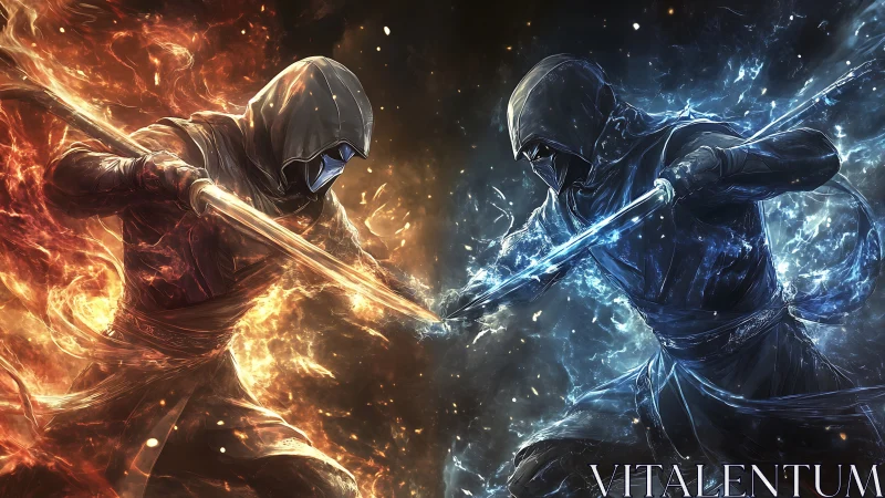 Hooded elemental warriors locked in fiery icy duel.