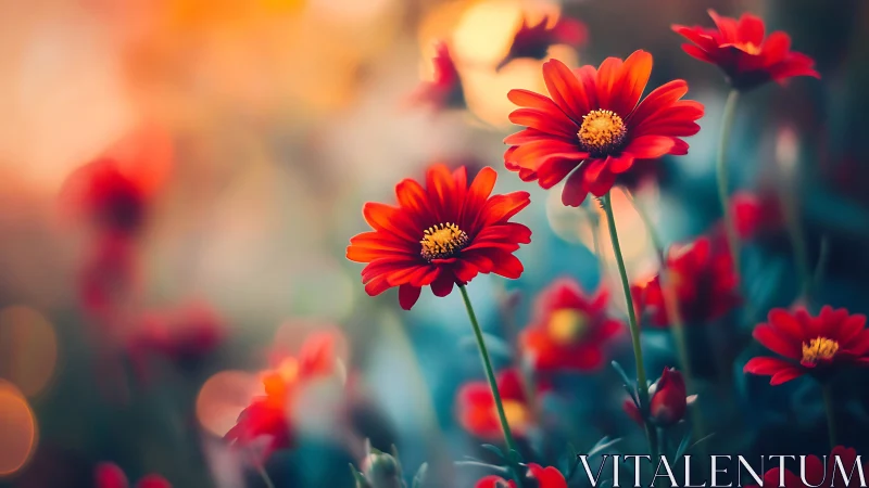 Red Gerbera Daisies with Shallow Depth of Field Photographic Rendering