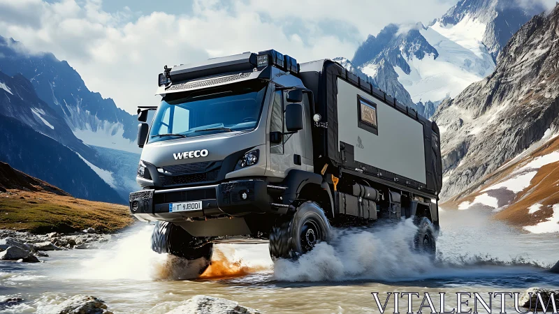 Heavy-duty expedition truck fording glacial river in mountains