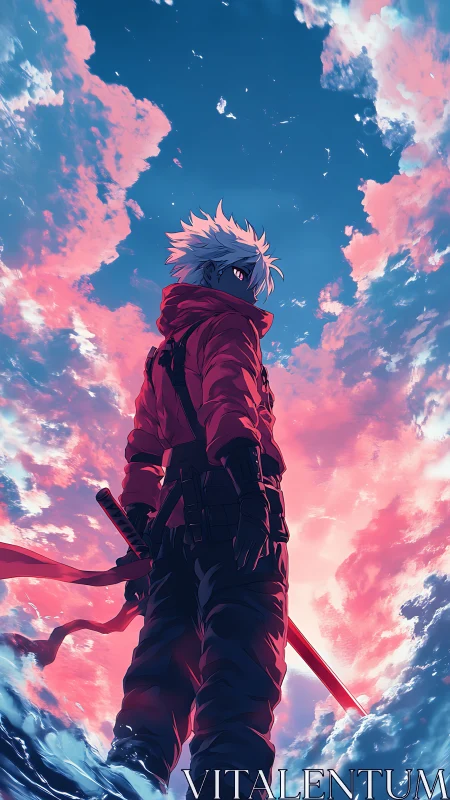 Storm-lit swordsman greets a sky painted in burning cotton