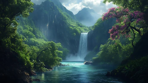 Lush tropical waterfall valley with misted turquoise pool.