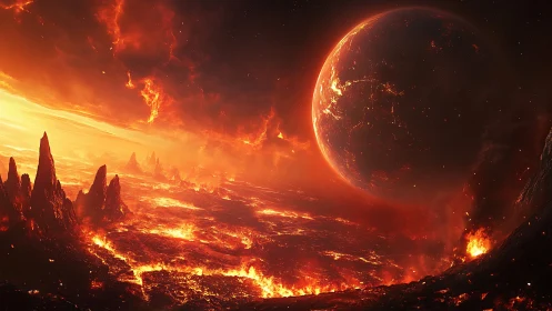 Volcanic landscape with binary star system overhead.