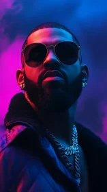 Male subject in sunglasses under neon gradient lighting.