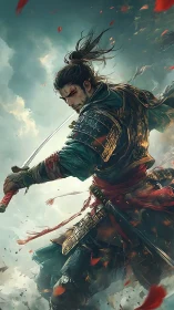 Wounded samurai warrior in dynamic storm-lit battle stance.