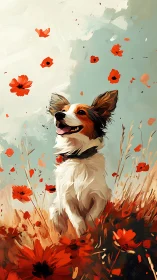 Joyful dog in painterly poppy field under diffuse sky