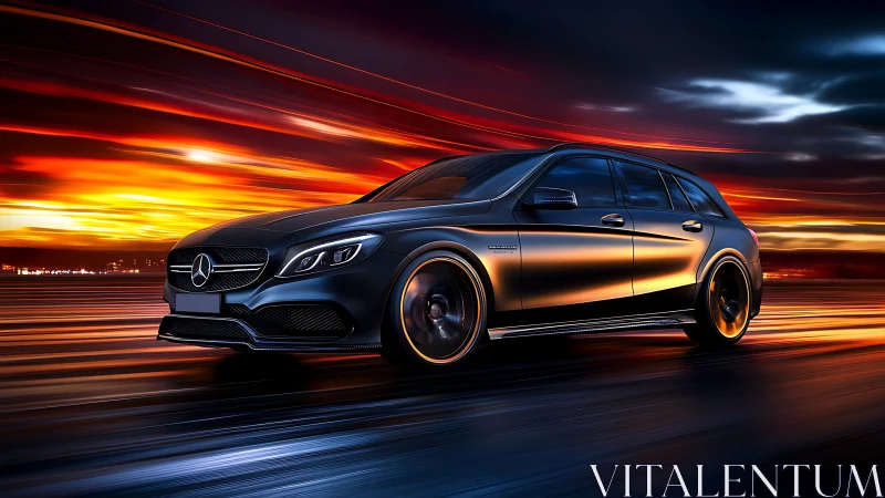 Sport wagon accelerates along luminous sunset highway