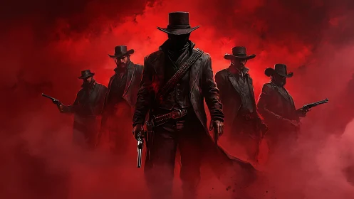 Outlaw gunslingers advancing through red desert haze.
