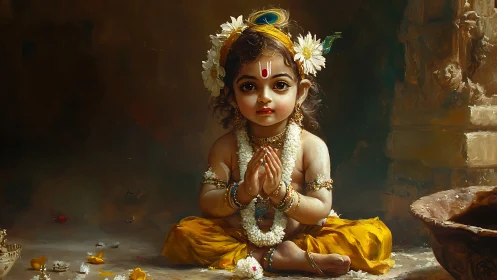 Gentle child deity sits in quiet prayer with flowers and light