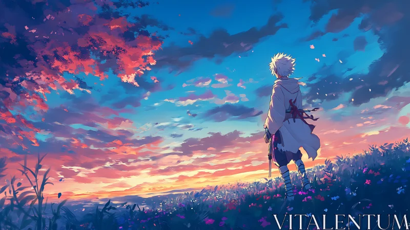 Lone wanderer under blazing twilight horizon skyscape.