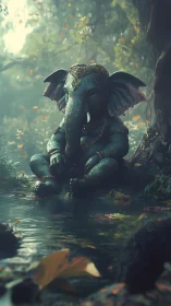 Elephant-headed deity statue by forest pond in misty light.