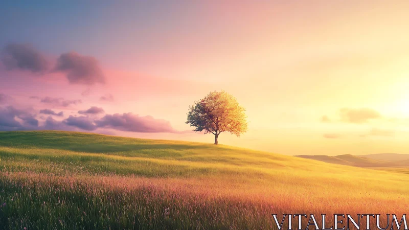 Solitary blossom tree on glowing sunset meadow ridge.