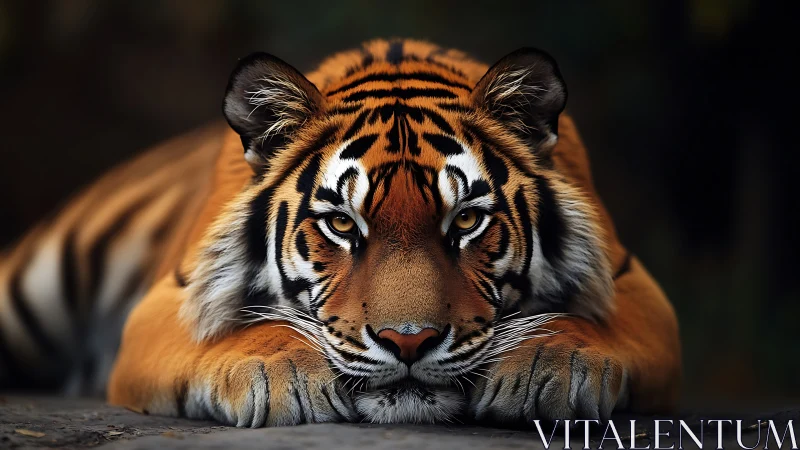 Calm tiger resting softly, sharing a quiet, golden gaze.