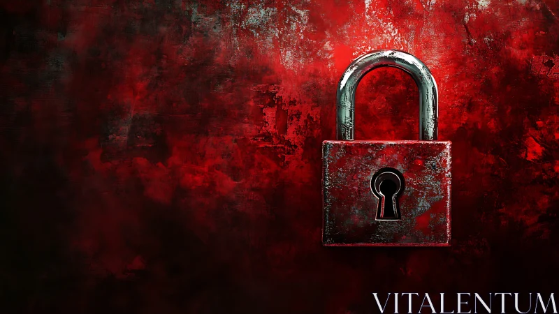 Corroded red padlock on distressed crimson textured background