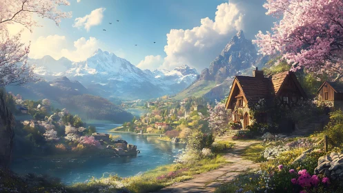 Idyllic alpine riverside village rendered in luminous detail