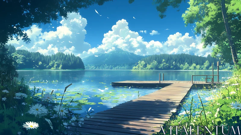 Sunlit lakeside pier under towering summer clouds at noon.