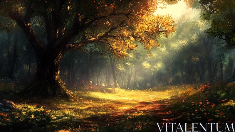Enchanted Forest Glade Bathed in Golden Sunlight