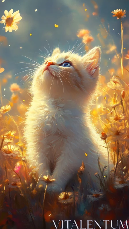 Dreamy kitten gazes upward in glowing golden meadow light