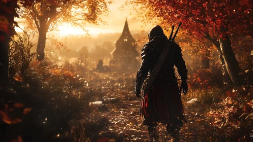 Hooded warrior walks a golden autumn path at dusk