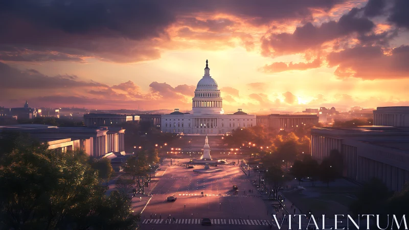 Capitol-axis sunset rendering with volumetric atmospheric lighting.