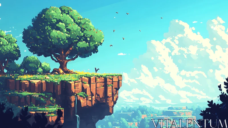 Floating island with giant tree overlooking pixelated landscape.