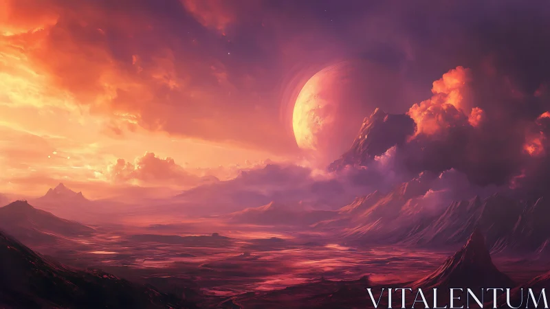 Bimodal nebular sunset over stratified alien basin and peaks