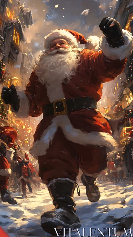 Santa in red suit strides through festive snowy street.