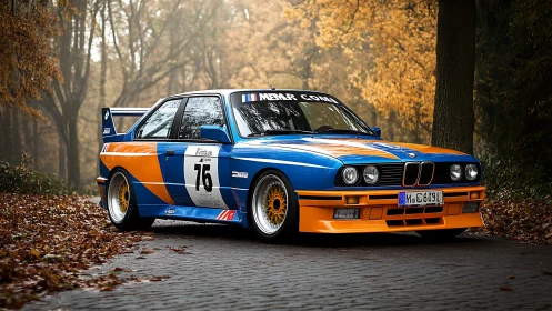 Vintage BMW race car displays bold livery on forest road.