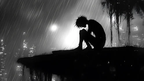 Silhouetted figure on cliff in heavy city rainfall.