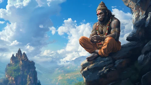 Digital painting of meditative Hanuman on cliffside ledge.