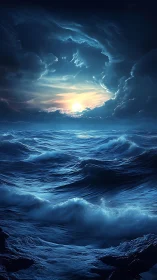 Luminous horizon aperture over turbulent nocturnal ocean field.