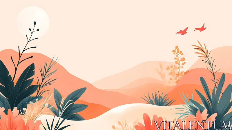 Soft sunrise glows over gentle hills and lush wild plants