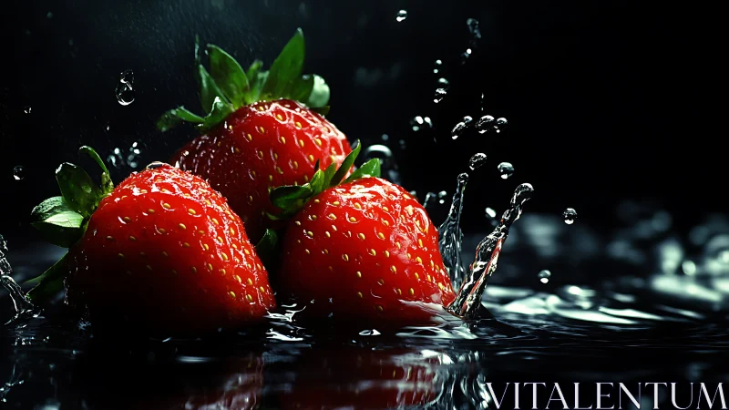 Strawberries leap from inky water like tiny scarlet comets