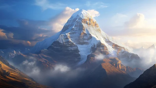 Sunlit alpine titan rising from swirling valley clouds.