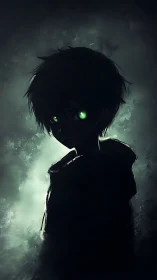 Silhouetted figure with illuminated green eyes stands centrally