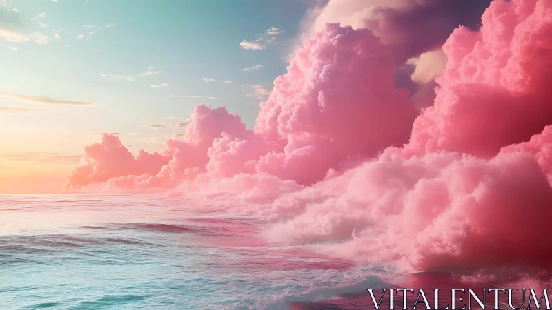 Dreamy pink clouds roll over a calm pastel ocean horizon