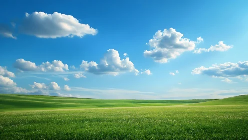 Gentle green meadow under bright blue summer sky.
